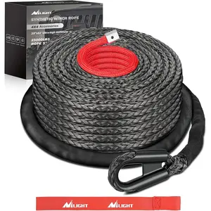 Synthetic Winch Rope, 3/8 Inch x 82 FT 25000 Ibs Winch Line Replacement for ATV UTV 4WD Off-Road Vehicle Jeep SUV Truck Winch Cable Accessory with Red Jacket Rope and Protective Sleeve, Black