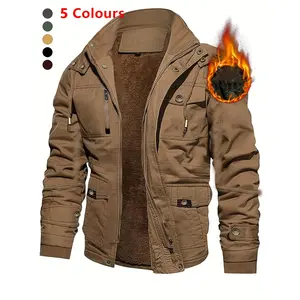 Men's Fleece-Lined Thickened Warm Mid-Length Heavyweight Jacket Casual Workwear Multi-Pocket Zipper Outdoor Detachable Hood Thickened