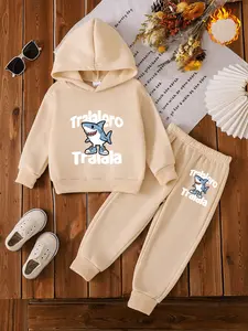 Boys' Fall Winter Fleece Hoodie Set, Clothing Sets, Cool Shark Cartoon Print, Casual Fitted Design, Perfect Gift for Kids, Outdoor Playwear
