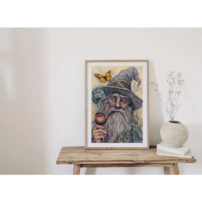 Gandalf Art POSTER UNFRAMED  , Earthy Boho, Earthy Celestial POSTER UNFRAMED , Folk Art, Vintage LOTR art, Butterfly Art, Retro Cottagecore