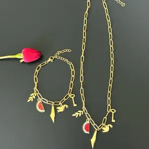 The Set of Palestine 5 Charms Necklace & Bracelet Gold Plated Adjustable. Paperclip chain with Map Watermelon Dove Olive Branch Key of Return Symbols Jewelry. High Quality Palestinian Jewelry & Accessories – Palestine Necklaces for Women, Men & Girls Ring