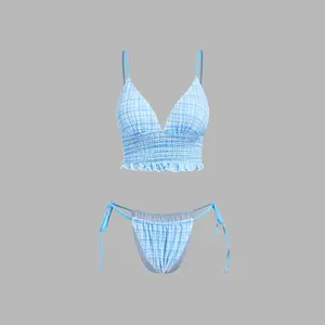 Cider V-neck Tartan Shirred Triangle Tie Side Bikini Set