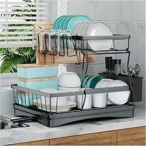 Kitchen Countertop Large Dish Drying Rack Removable High-Capacity Dish Drainer Double-Layer Dish Rack with Cutlery Storage Tray Black
