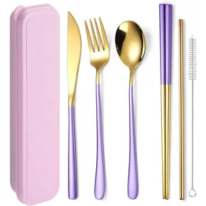6 count 18/8 Stainless Steel Flatware Set Portable  Cutlery Set Travel Utensils Set Including Chopsticks  Fork Spoon Straws Cleaning Brush Dishwasher Safe (Purple golden)