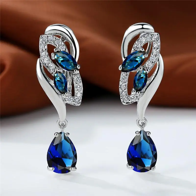 Luxury Female Blue Rainbow Stone Earring Silver Color Clip Earrings For Women Charm Crystal Zircon Wedding Jewelry