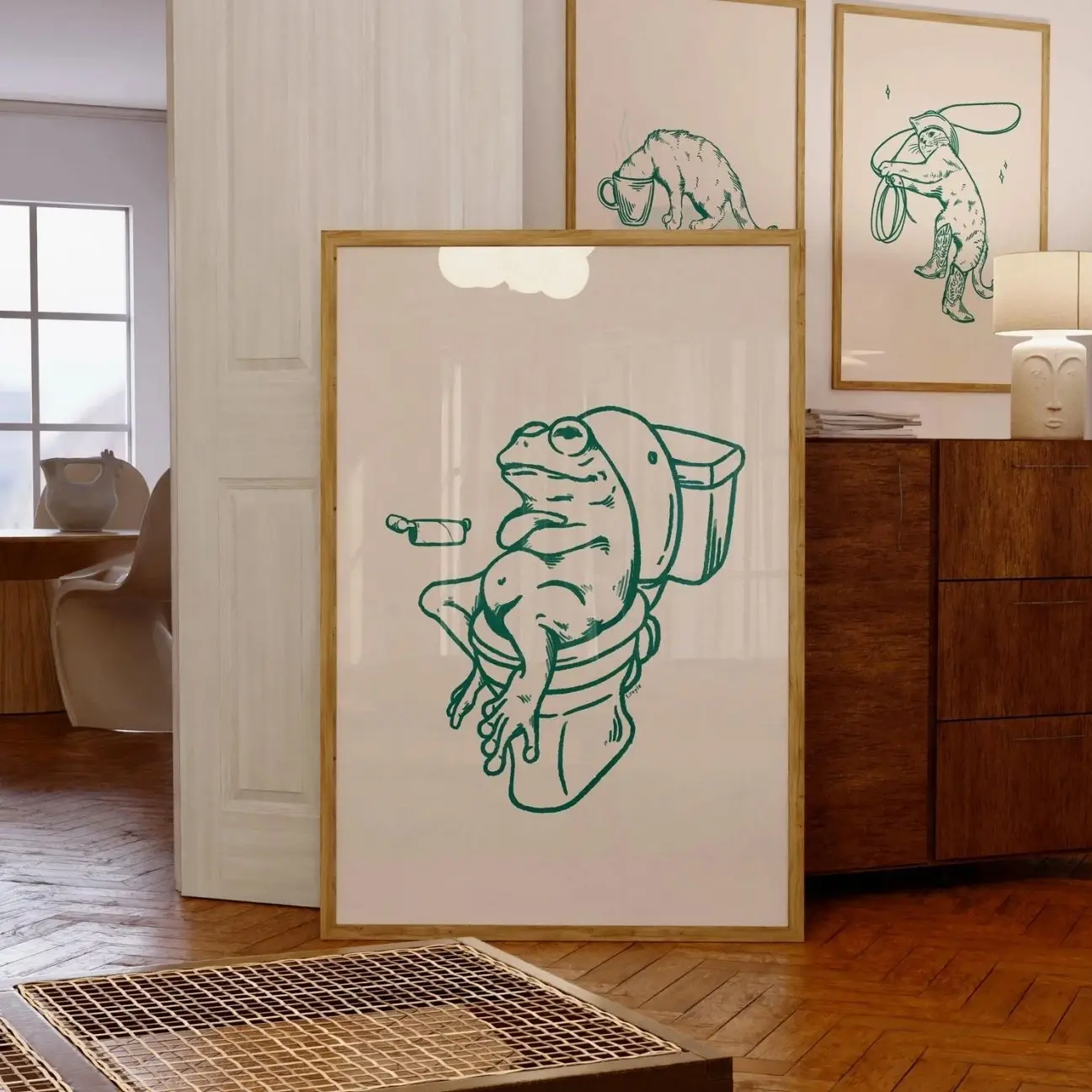 Funny Frog on Toilet Wall Art, Retro Bathroom Poster, Green Frog Print, Whimsical Bathroom Decor, Animal Artwork | Frameless Poster 0