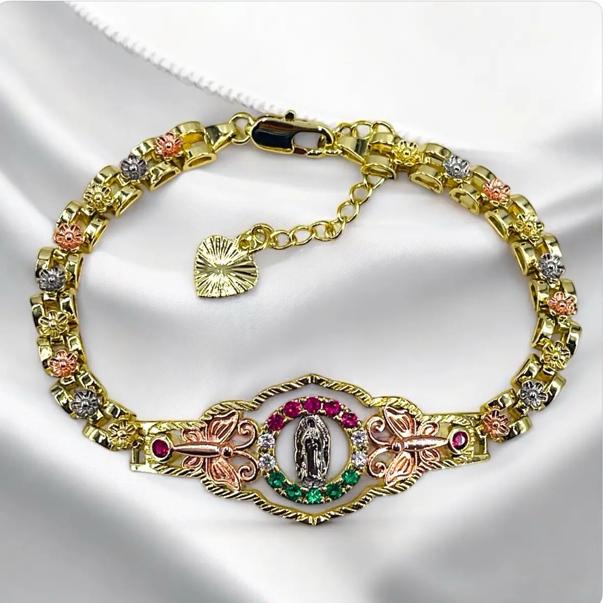Virgin of Guadalupe 18k Gold Plated Bracelet with Multi-Color Zirconia for Special Occasions 7 Inches with 2 Inch Extension