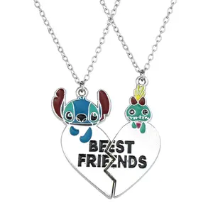 Disney Stitch Friendship Necklace - Blue & Green Stitch Charms on Broken Heart Pendant - Best Friends Jewelry for Gifting or Personal Wear