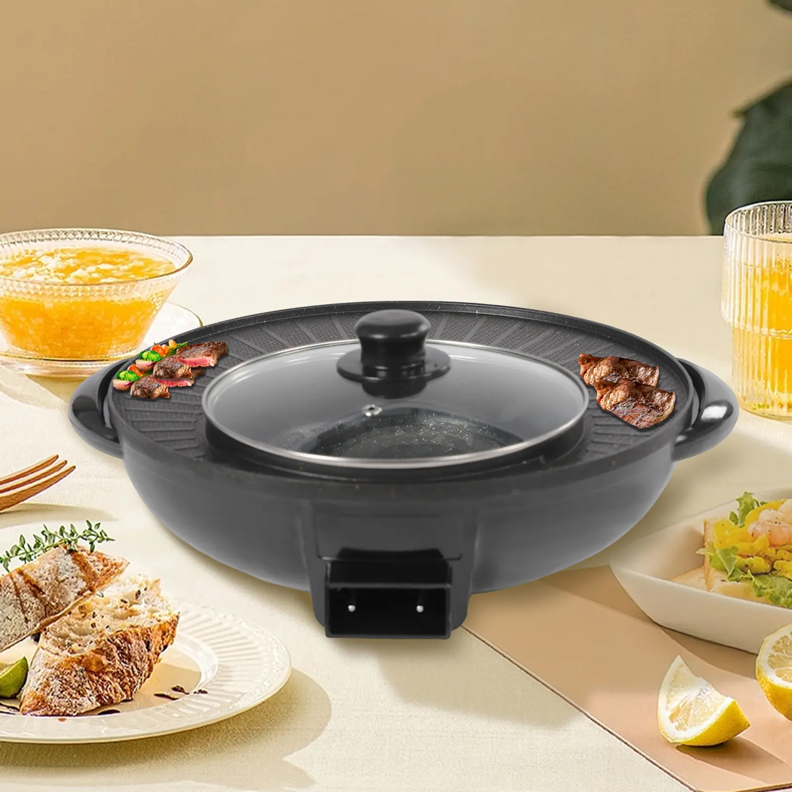 Corded Electric Divided Circle Cooking Pot - Sturdy Stable Smokeless Korean Barbecue Grill, Portable Indoor Family Steamboat Pot, Household Multifunctional Cooker
