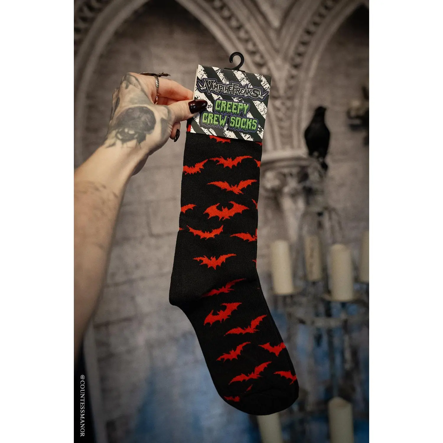 Men's Gothic Cotton Mid-Calf Crew Socks - Knitted, Soft, Stretchy with Spandex, Red Night Creature Bats Design, Menswear Socks