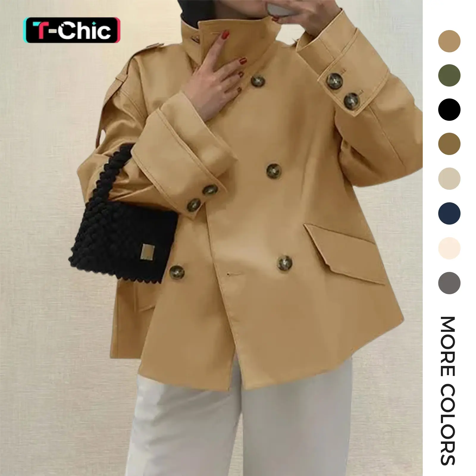 Tankaneo Women's Collared Baggy Double-Breasted Cropped Trench Coat - Long Sleeve Casual Fashionable Outerwear with Oversized Ease for Work, Women's Tops & Jackets