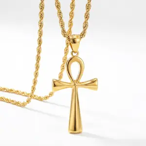 Men's Stainless Steel/Gold/Black Plated Ankh Cross Pendant Necklace for Men Women with Wheat Chain Religious Jewelry