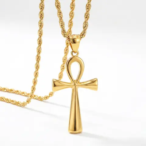 Men's Retro Stainless Steel Ankh Necklace - Coated Metal, Non-Tarnish, Hypoallergenic Pendant (Gold, Black, Silver) with 24" Wheat Chain, Spiritual Immortality Key of Life Cross Jewelry for Father's Day