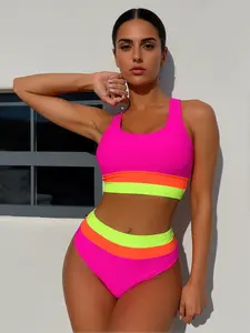 ZAFUL Women's Neon Color-Blocked Athletic Bikini High-Stretch Tummy-Control Essential for Beach, Pool, and Street Style