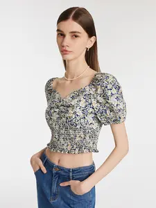 Floral Print Square Neck Puff Sleeves Women Blouse
