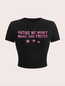 Women's Letter & Star Print Round Neck Crop Tee, Fashion Casual Crew Neck Short Sleeve T-Shirt for Daily Holiday Vacation Outdoor Wear, Ladies Clothes for Summer, Crew Neck Tops