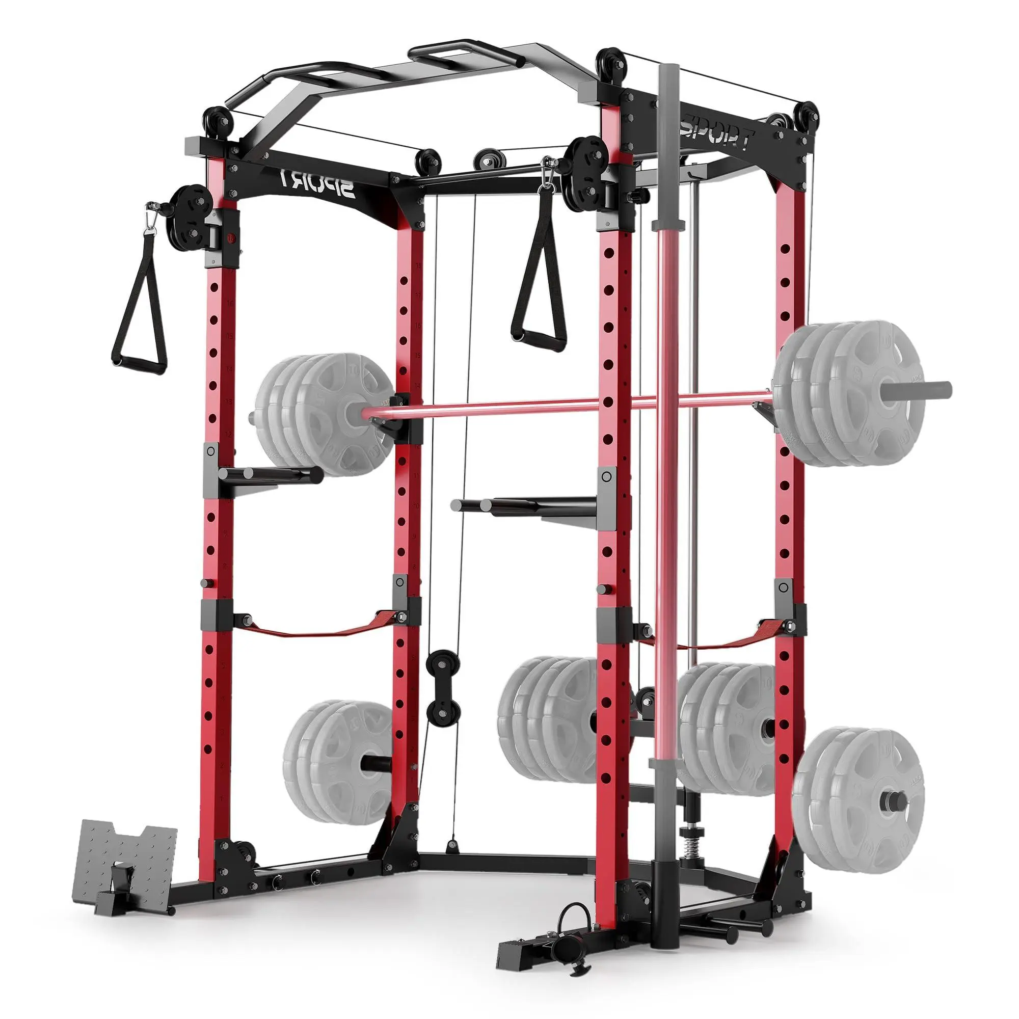 GARVEE 2000LBS Home Gym Rack with Pulley System Gym, Multi-Functional Squat Cage with LAT Pulldown & Attachments for Full-Body Strength Training, Red&Black