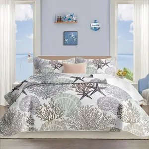 3 count Coastal Quilt Sets Full/ Size - Reversible Microfiber Quilts with 2 Shams Soft Lightweight Beach Bedding Nautical Bedspread Summer Comforter Set for All Season, 90''x96'', C2