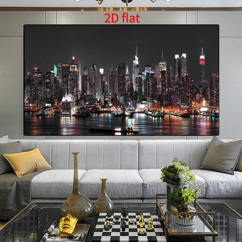 Wooden Framed Canvas Painting[2D Plane] New York City Skyline Night View Oil Painting canvas - Modern Manhattan City landscape wall with illuminated skyscrapers, Wrapped wooden frame, bright colors, suitable for home office decoration, Wrapped in canvas
