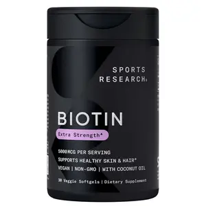 Sports Research® Biotin 5,000mcg with Organic Coconut Oil - Biotin (Vitamin B7) for Healthy Skin and Hair Support* - for Women and Men - Vegan, Non-GMO, Gluten & Soy-Free - 30 Veggie Softgels