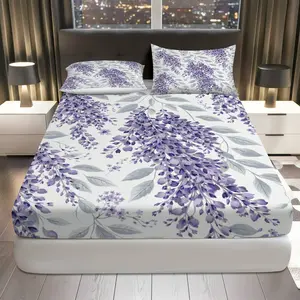 3Pcs Purple Floral Leaf Fitted Sheet Three Piece Set (1*Fitted Sheet+2*Pillowcases, Coreless), Spring theme, Lavender Bedding Set, Mattress protector Soft, Breathable
