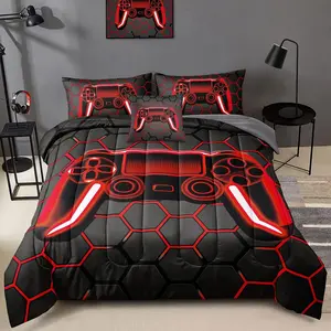5 count Gamer Comforter Sets Bed in A Bag for  Teen , Gaming Bedding Sets Gamepad Comforter Microfiber Bed Set for All Season Gamer Home Decor(red, 5 count Sets30023-)