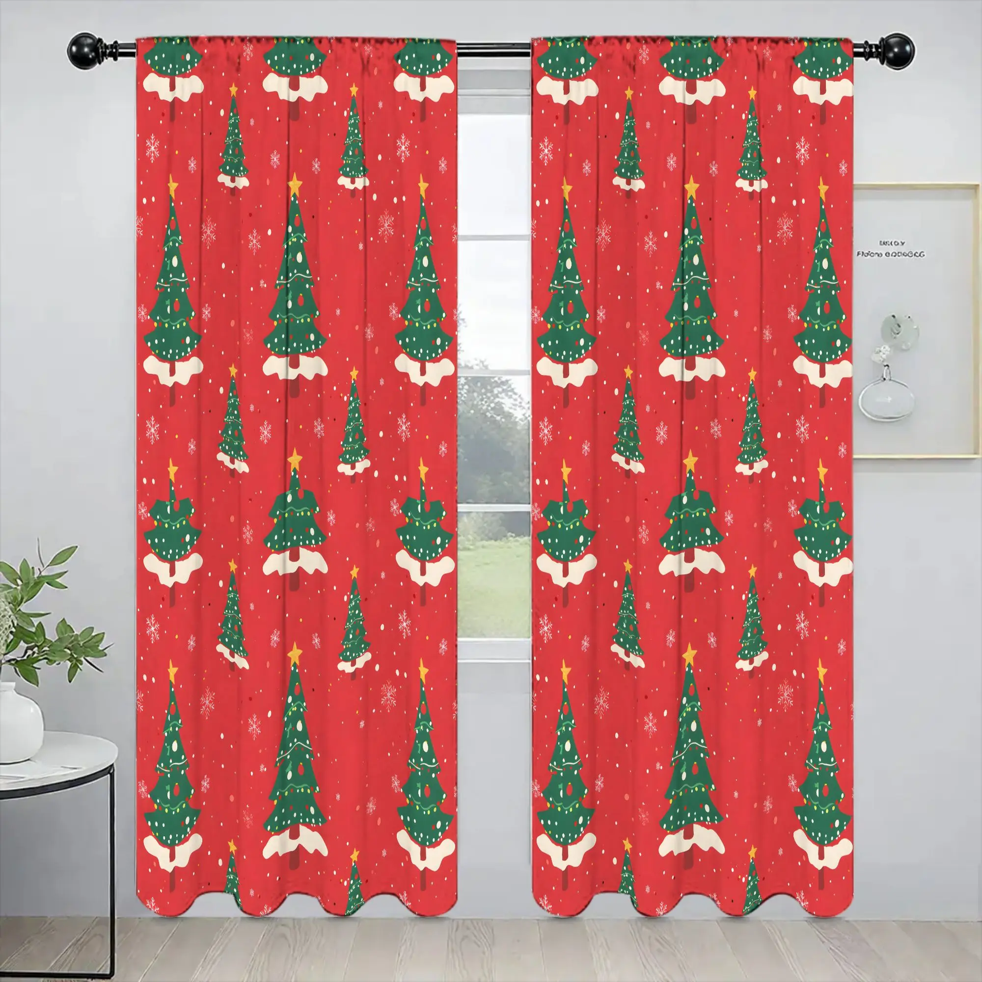 2-Piece Polyester Red Christmas Tree Window Curtain Set - Cute Cartoon Tree Print, Snowflake Design, Light Filtering, Wrinkle Res Modern Drapes for Bedroom Decor, Living Room Home Holiday Soft Furnishings