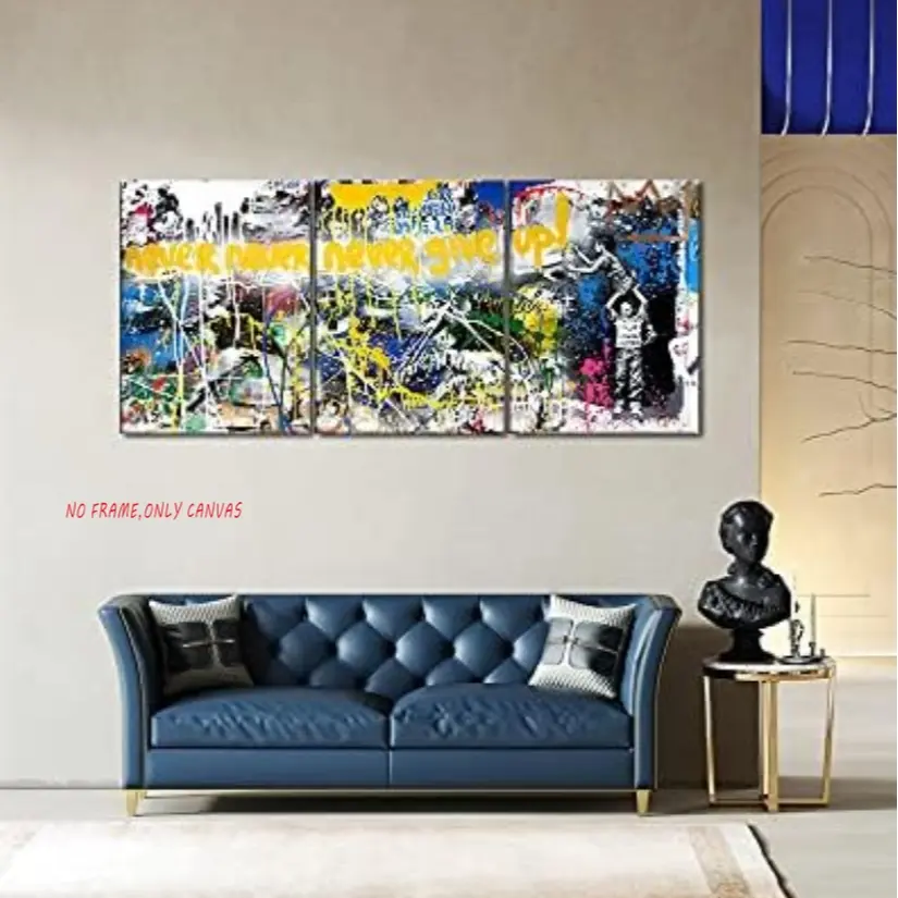 3pc/Banks “Never Give Up” Wall Art Graffiti Inspirational Quotes Canvas Poster Unframed Art Print Abstract Twin Children Painting Theme Living Room Bedroom Wall Decor Modern Home Decor Frameless