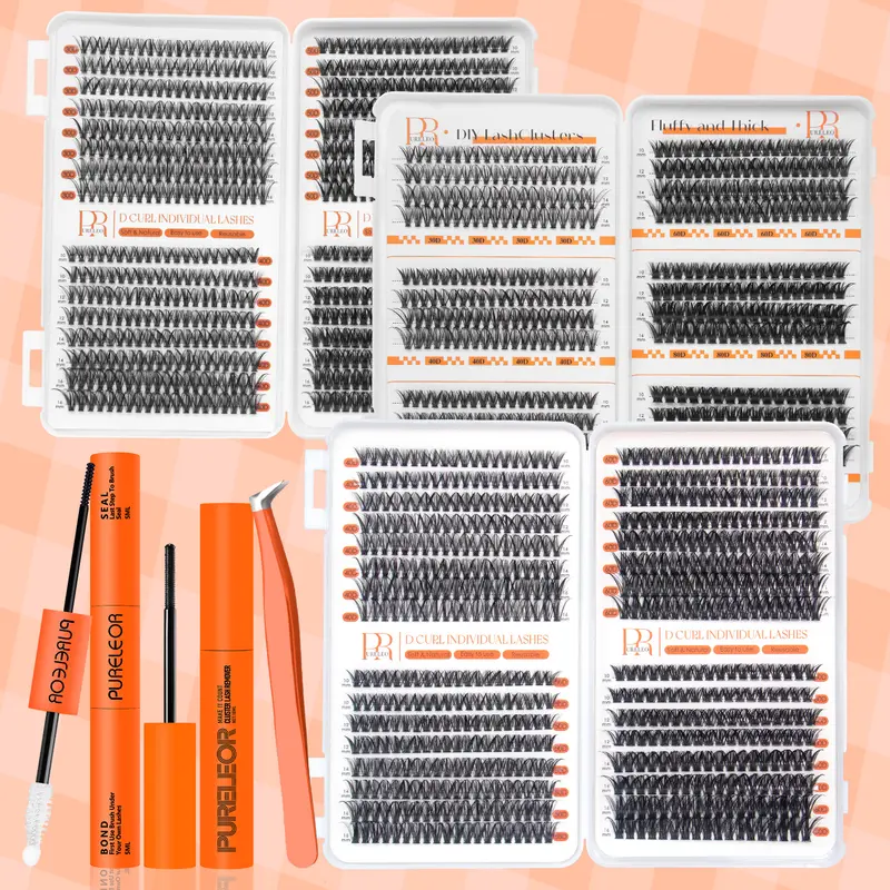 Pureleor Wispy Individual Cluster Eyelash Extension Kit - D Curl Individual Clusters, 10-16mm Mixed Lengths, 0.07mm Polyester Fibers, Natural Volume Look, DIY At-Home Application, Youth-Focused Beauty Product