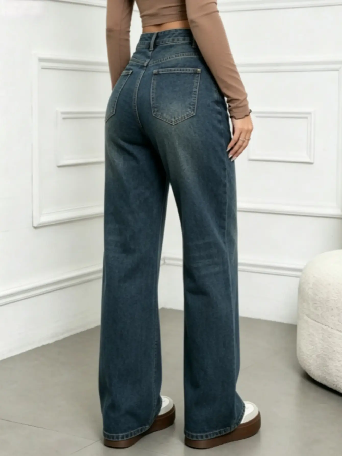 Mid-low Rise Baggy Jeans Wide Leg for Women Distressed Pants ,Women's wear Bottom, Lady Basic Minimalist Comfortable Denim ,Tummy Control Curve Hugging, Regular Size BBL Spring Fashion Daily Outfits WH44
