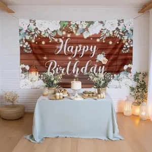 White Brown Rustic Wood Floral Happy Birthday Photo Backdrop, Large Polyester Background Banner 6ftx3ft