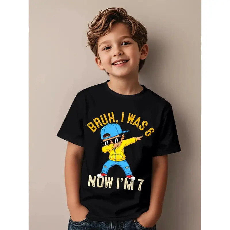 Boys' 6-7 Year Old Character-Themed Dabbing Slogan Graphic Cotton Tee - Short-Sleeve Casual Boys Style Child Size T-Shirt, Soft 100% Cotton, All Seasons Kids' Fashion Top for Children