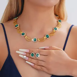 Vintage Gem Necklace Earrings Two-piece Set Luxury Premium Bridal Wedding Banquet Jewelry Set, Suitable for Banquet Parties