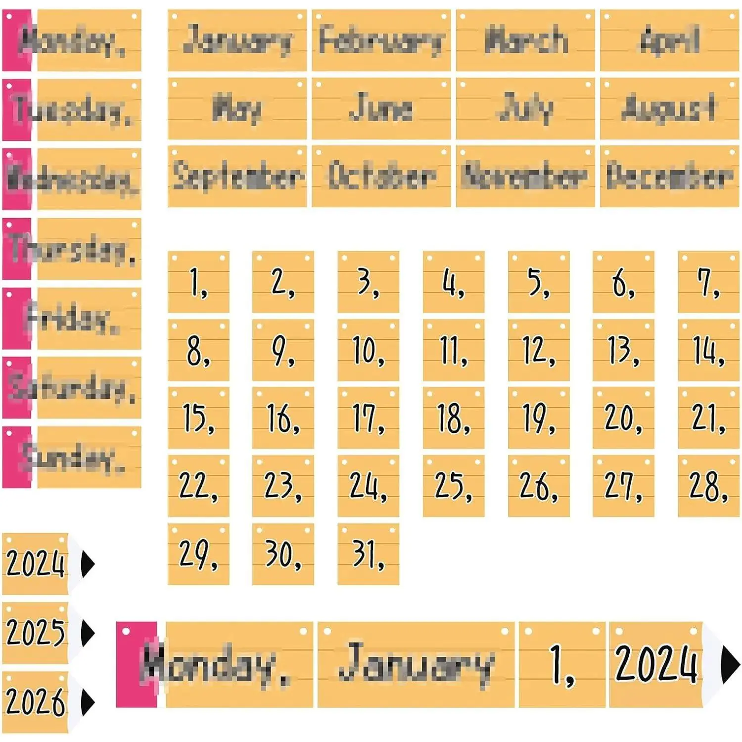53-Piece Pencil-Shaped Flip Calendar Bulletin Board Set with Hole, Weekly Planner Date Cards for Classroom & Home Office Stationery Decoration