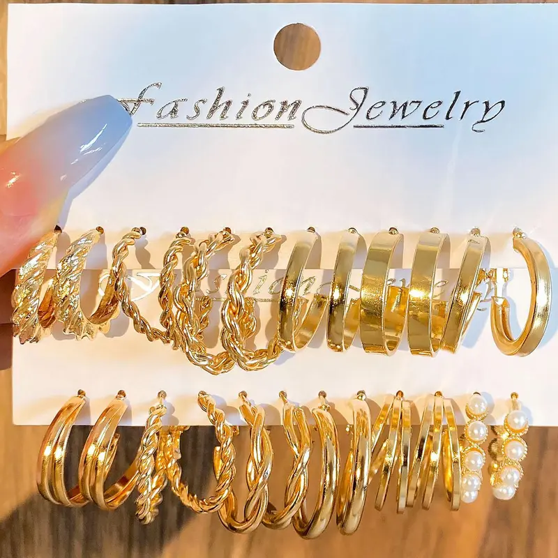 12 Pairs Mixed Shape Elegant Faux Pearls Decorated Hoop Earrings Set, Ear Hoops, Alloy Twist Decor Hoop Earrings, Fashion Accessories for Women & Girls, Fashionable Jewelry, Trendy Jewelry, Hoop Earring Sets