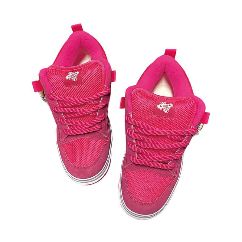 Vibrant Pink Rope Sneakers Large-sized Low-top Thick-soled Roller Skates Rose Check Laced Casual Shoes Cushioned Insoles Anti-slip Rubber Soles Heavy-duty All-terrain Towing Skateboards Walking Daily Wear Wide Size