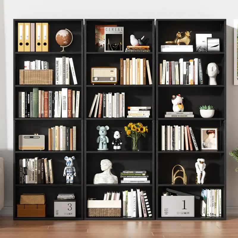 Walsunny 70'' Black Bookcases Floor Standing 6-Tiers Display Storage Shelves Tall Bookcase for Office Freestanding Industrial Ladder Organize Modern Design Minimal Stylish 65.8 lbs Load Capacity Easy Install