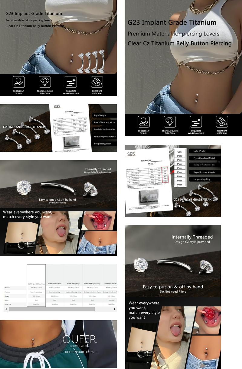 Oufer 14G Titanium Internally Threaded AAAAA+ Grade CZ Belly Button Ring Bar Lenhth 10mm 12mm 14mm 16mm