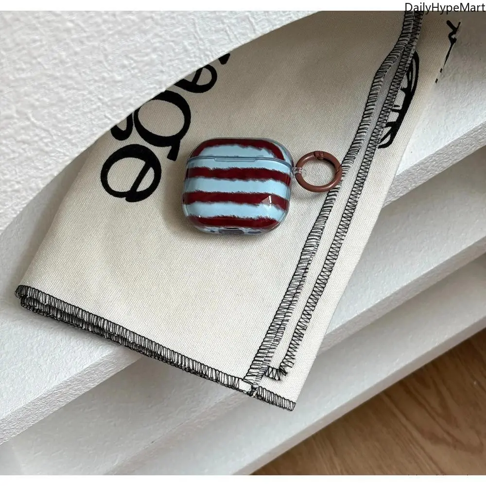 Retro Red-Brown Fuzzy Stripe AirPods Case - Transparent Blue Glossy Protection Cover, Shockproof, Anti-Scratch, Wireless Charging Compatible, Fits AirPods 1/2/3/4/Pro/Pro 2