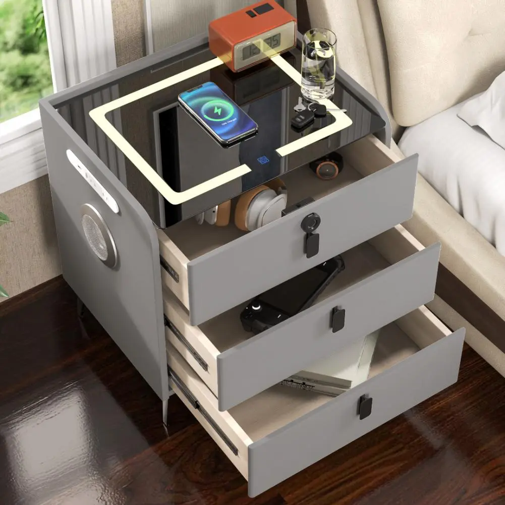 23.6 Inch Dark Gray Smart Nightstand, 3 Drawer Tempered Glass Top with Wireless Charging, RGB Ambient Light, Fingerprint Lock & Bluetooth Speaker Modern Bedside End Table