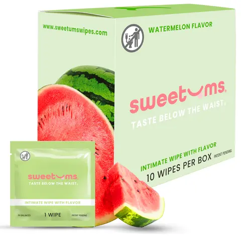 [Sweetums] Watermelon Flavored Feminine Wipes | 10 Wipes per Box | pH Balanced, Gynecologist Tested, Scented, Gentle, Made with Clean Ingredients Gentle Vegan Feminine Hygiene Products, feminine hygiene products, watermelon wipes, travel wipes