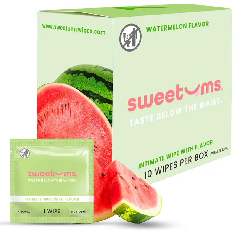 [Sweetums] Watermelon Flavored Feminine Wipes | 10 Wipes per Box | pH Balanced, Gynecologist Tested, Scented, Gentle, Made with Clean Ingredients Gentle Vegan Feminine Hygiene Products, feminine hygiene products, watermelon wipes, travel wipes