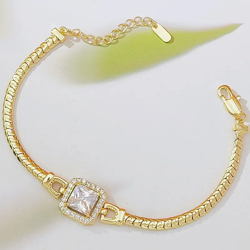 Women's 18K Gold Plated Square Zircon Snake Bone Exquisite Bracelet - Non Tarnish Casual Everyday Wear Fashion Wrist Jewelry, Modern Snake-Bone Chic Gold Plated Bangle