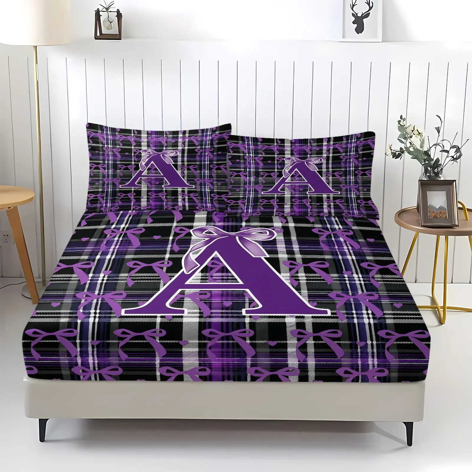 Plaid Purple Bow 26 English Letter Pattern Fitted Sheet, Soft And Comfortable Bedding Set (1 Sheet + 2 Pillowcases, No Pillow Core), Suitable For Teenagers And Adults, Bedroom, Dormitory, Guest Room Scene