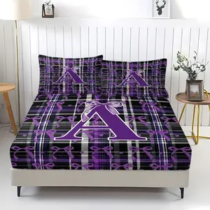 Plaid Purple Bow 26 English Letter Pattern Fitted Sheet, Soft And Comfortable Bedding Set (1 Sheet + 2 Pillowcases, No Pillow Core), Suitable For Teenagers And Adults, Bedroom, Dormitory, Guest Room Scene
