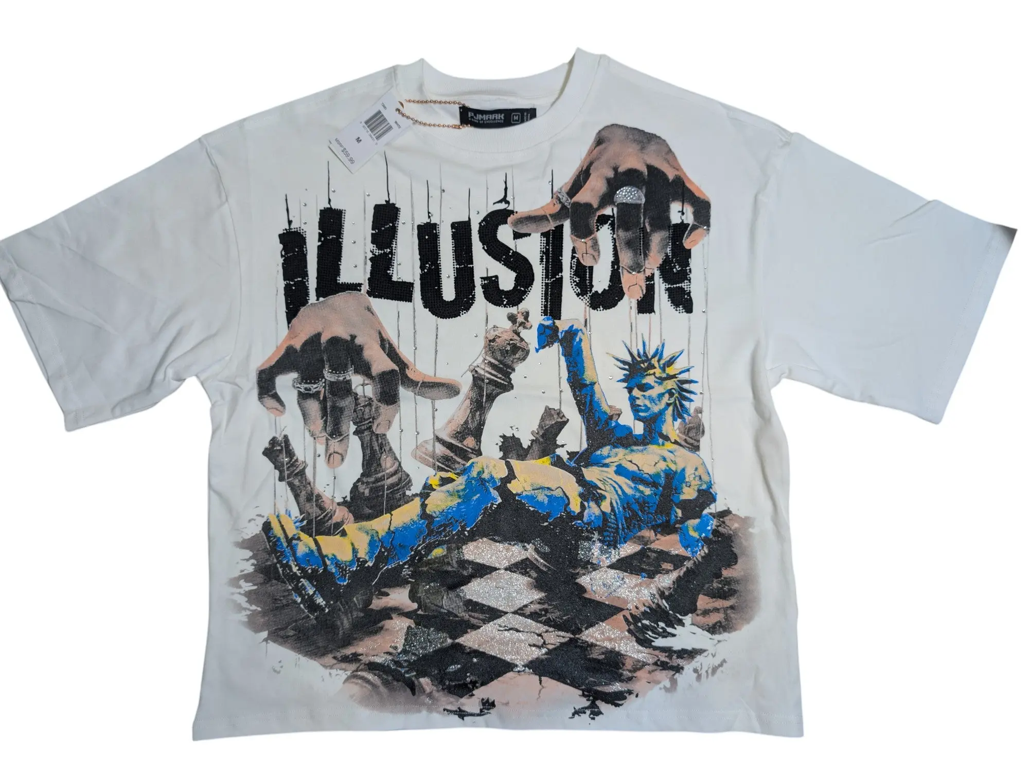 Men's Oversized 'ILLUSION' Graphic T-Shirt, Short Sleeve Baggy Menswear Top with Glitter and Rhinestone Details, Loose, Oversize Tee cotton, Rhinestones, Glitter Accents, Crew Neck, Streetwear, Round Neck, Tshirt, Loose Fit