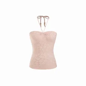Cider Jacquard Floral Halter Neckline Bowknot Ruched Top SummerWins