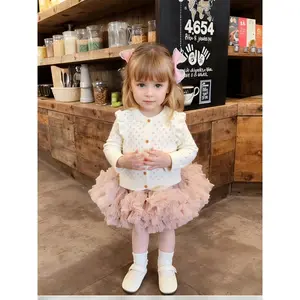 Peach-Colored Cardigan Baby Girls with Flutter Sleeves, Long Sleeves,, Semi-Transparent Round Neck, Buttoned Knit Cardigan Sweater