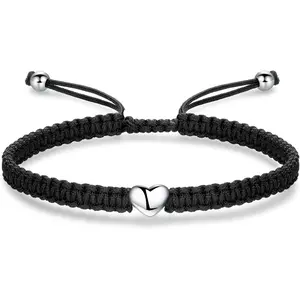 Heart Bracelet for Women, Rope Bracelet 925 Silver Handmade Braid Adjustable Bracelet Love Friendship Christmas Bracelet Gifts for Women Lady (Black)