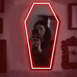 Gothic Elegance Coffin Neon Mirror Acrylic Glass Durable Resistant White Wall Decor for Witch Bedroom Gothic Lovers Gift Multi-functional Stylish Neon Mirror with Pre-drilled Holes Fluorescent Lamp Wall Mounted